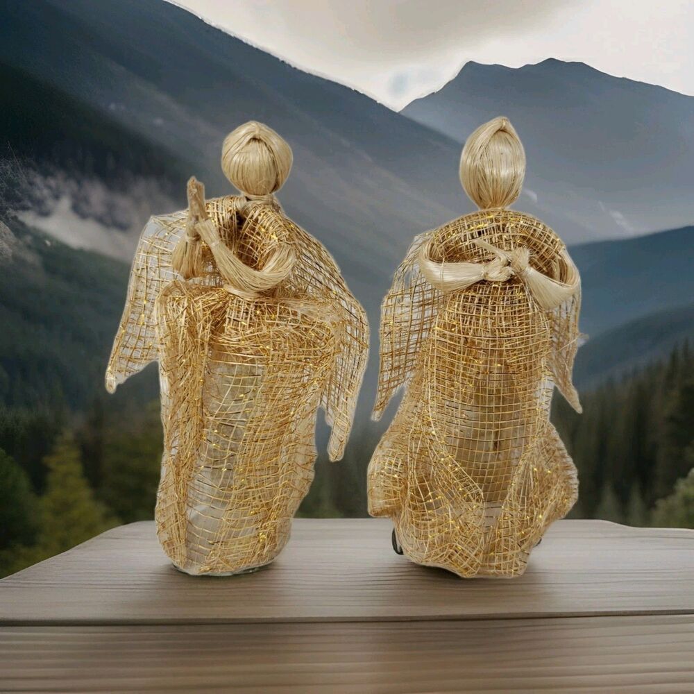 VTG Corn Silk Gold Thread Mesh Praying Angels Christmas Ornaments Two Handmade